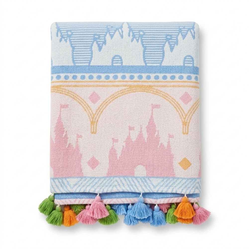 Disney Parks Fantasyland Castle Pastel Knit Throw Blanket Tassels 72x60 Cotton